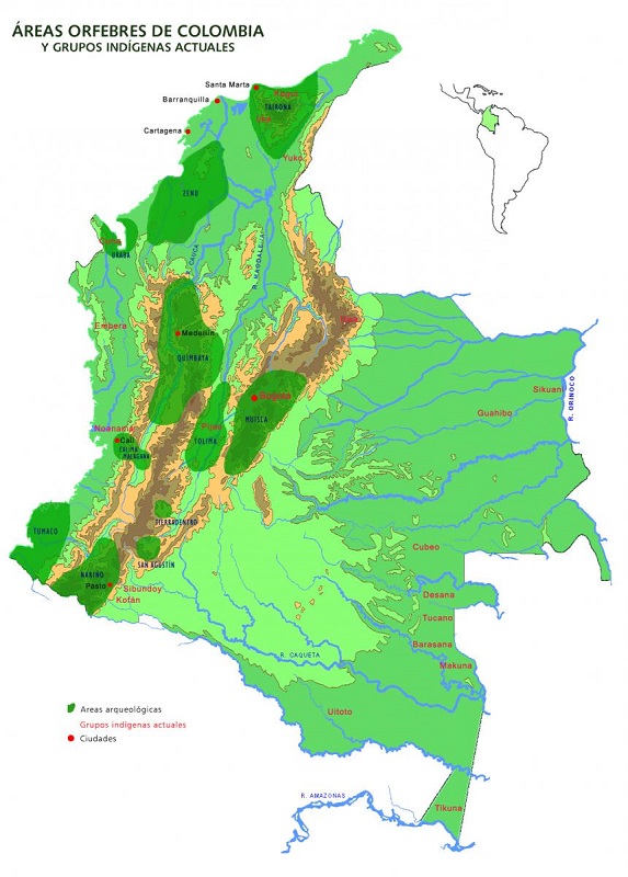 Áreas orfebres de Colombia y grupos indígenas actuales.